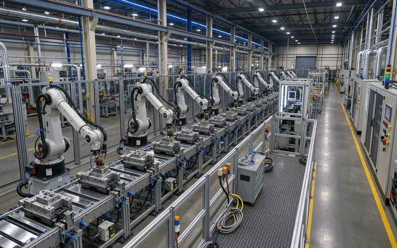 Ligne de production robotisée dans une usine industrielle