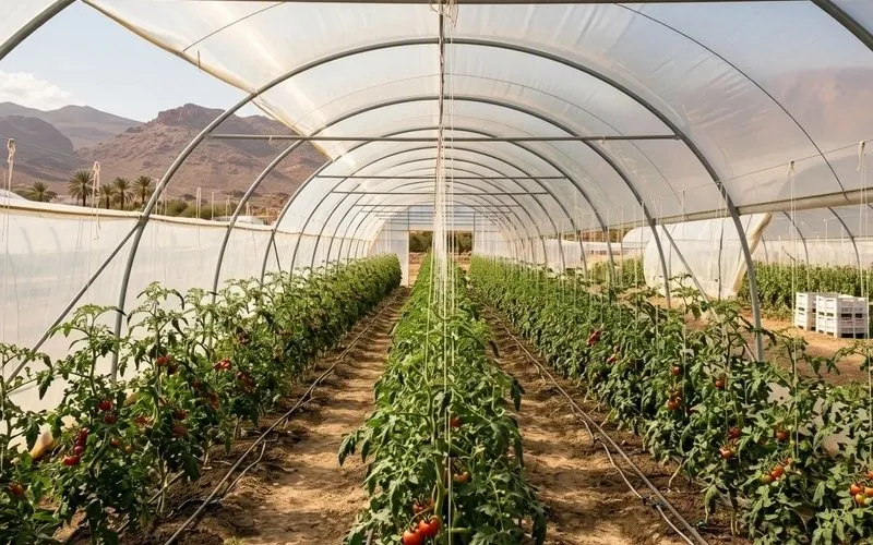 Intérieur d'une serre tunnel avec culture de tomates et irrigation goutte-à-goutte
